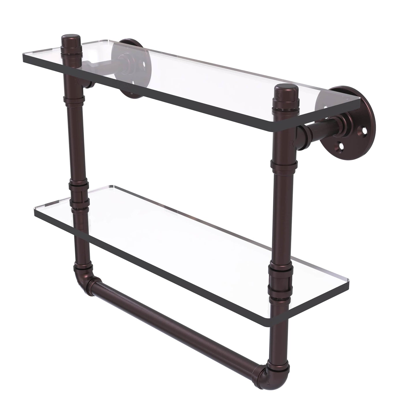  16" Double Glass Shelf with Towel Bar, Antique Bronze Finish alt 0