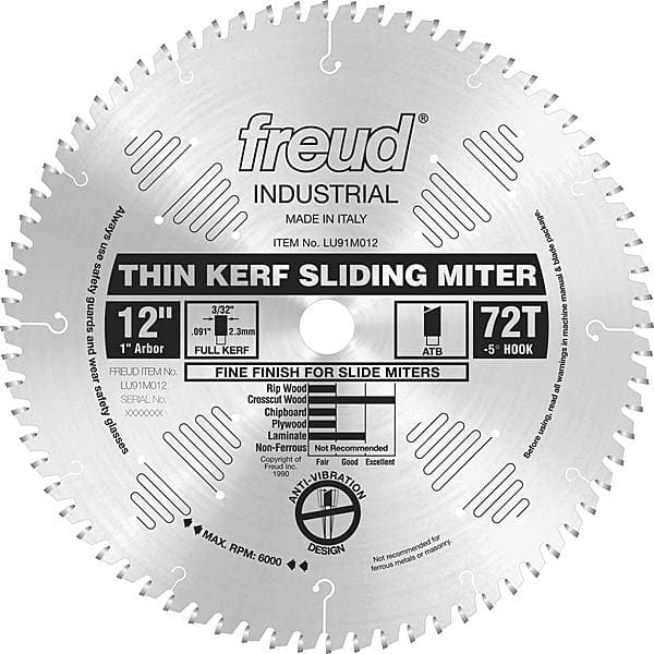 LU91M012 Sliding Compound Miter Saw Blade 12" X 1" Bore 72 Tooth Thin Kerf alt 0