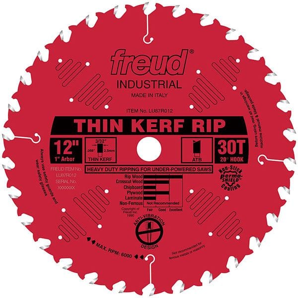 LU87R012 Industrial Thin Kerf Ripping Blade with Red Perma-Shield, 12" diameter, 1" arbor, 30 alt 0