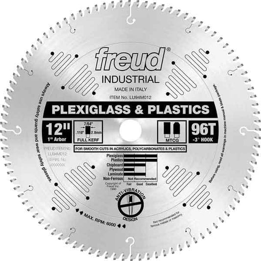 LU94M012 Industrial Plastic Blade for Plexiglass/Acrylics, 12" diamter, 1" arbor, 96 teeth TCG alt 0