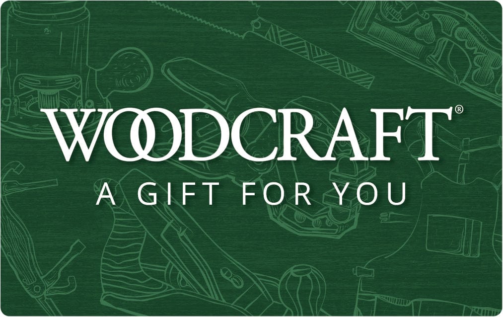 Woodcraft gift card with green background and white text